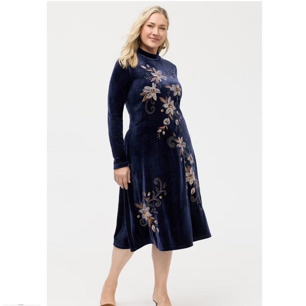NWT Johnny Was Stretch Velvet Corinth Dress Midnight 1x